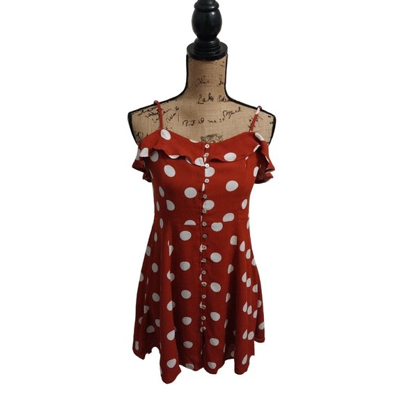 Lunik Dresses & Skirts - Lunik Red/Orange Polka Dot Ruffled Open Back Buttoned Dress Sz L
